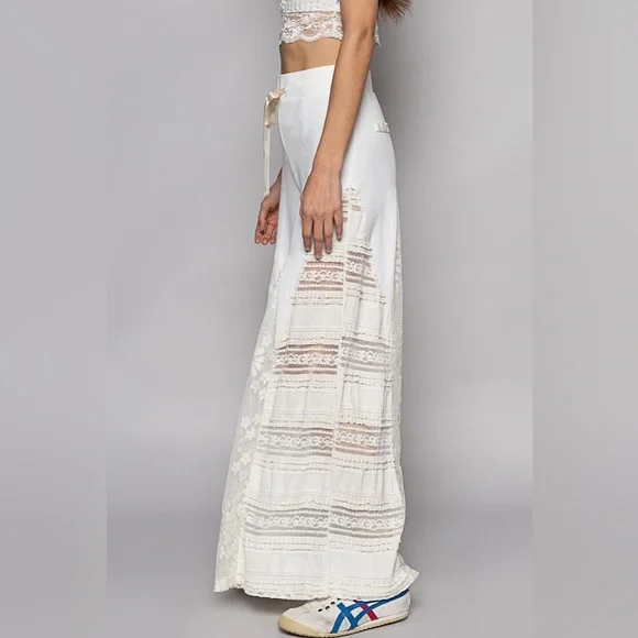 43. POL LAST 1! Wide Leg Pant & Lace Dress Top Women's White Drawstring - Picture 3 of 6